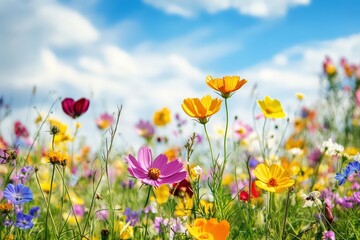 Obraz premium Vibrant Wildflower Field Stretches to the Horizon Under a Bright Blue Sky