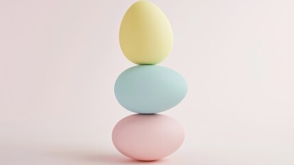A cute 3D render of three pastel-colored Easter eggs stacked on top of each other, showcasing soft hues and playful patterns, creating a cheerful and festive holiday display