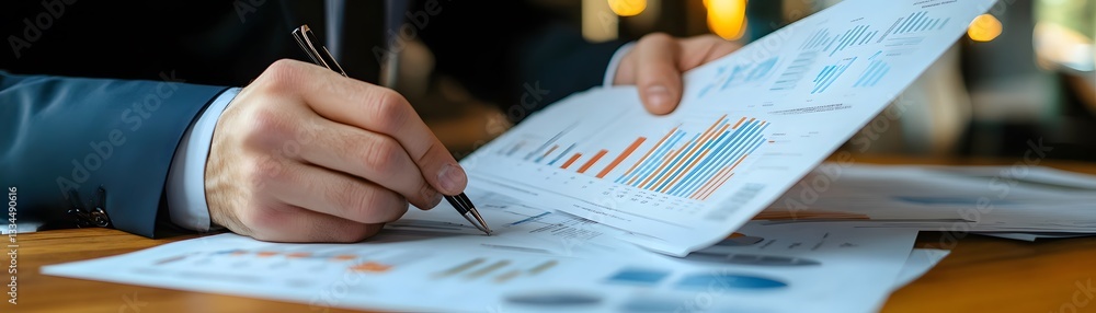 Poster a close-up of a business professional analyzing financial reports with graphs and charts. the image 
