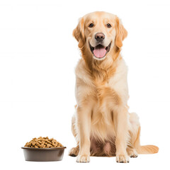 Happy golden retriever sitting beside bowl of dog food on white isolated background.