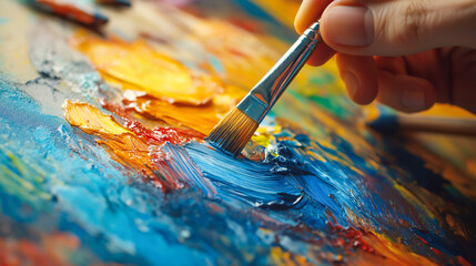 Obraz premium Creative expression through vibrant colors in a close-up painting activity featuring bold brush strokes and textures