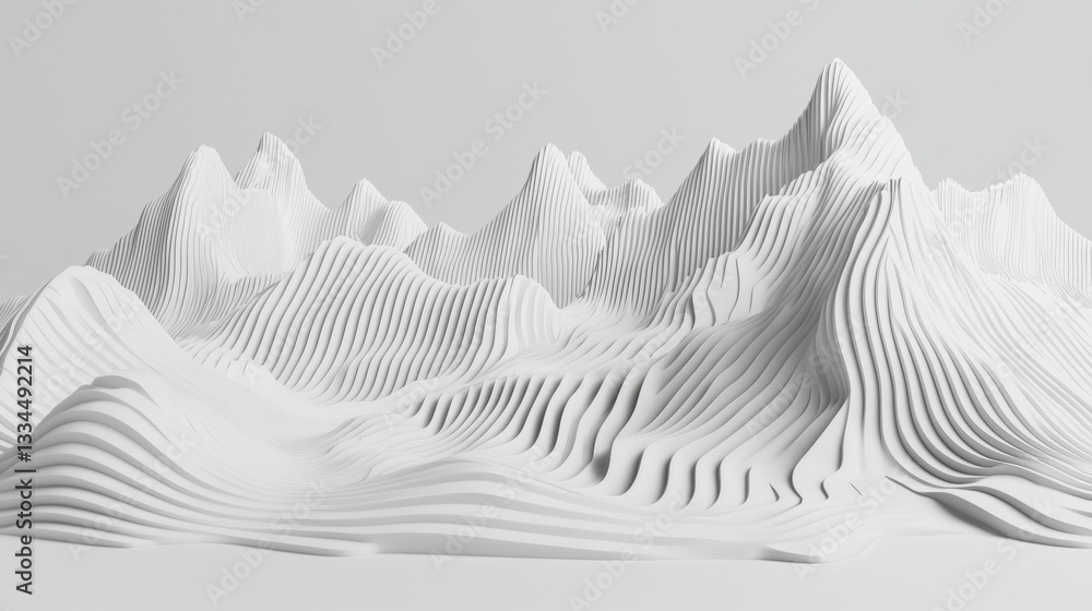 Poster a 3d rendering of a mountain range with a textured, wave-like surface.