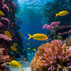 Underwater Scene Glowing with Vibrant Schools of Fish Swimming Through a Coral Maze
