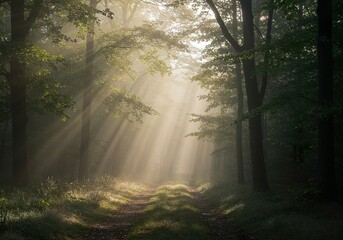 Obraz premium Mystical Sun Rays Piercing Through a Foggy Pine Forest