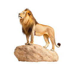 Obraz premium Majestic lion standing on a rock, white isolated background.