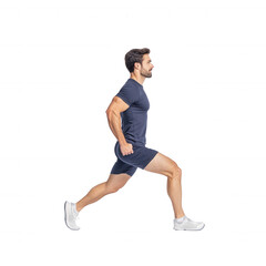 Man running in athletic wear on a white isolated background.
