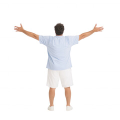 Man with arms wide open, expressing joy and freedom, isolated on white background.