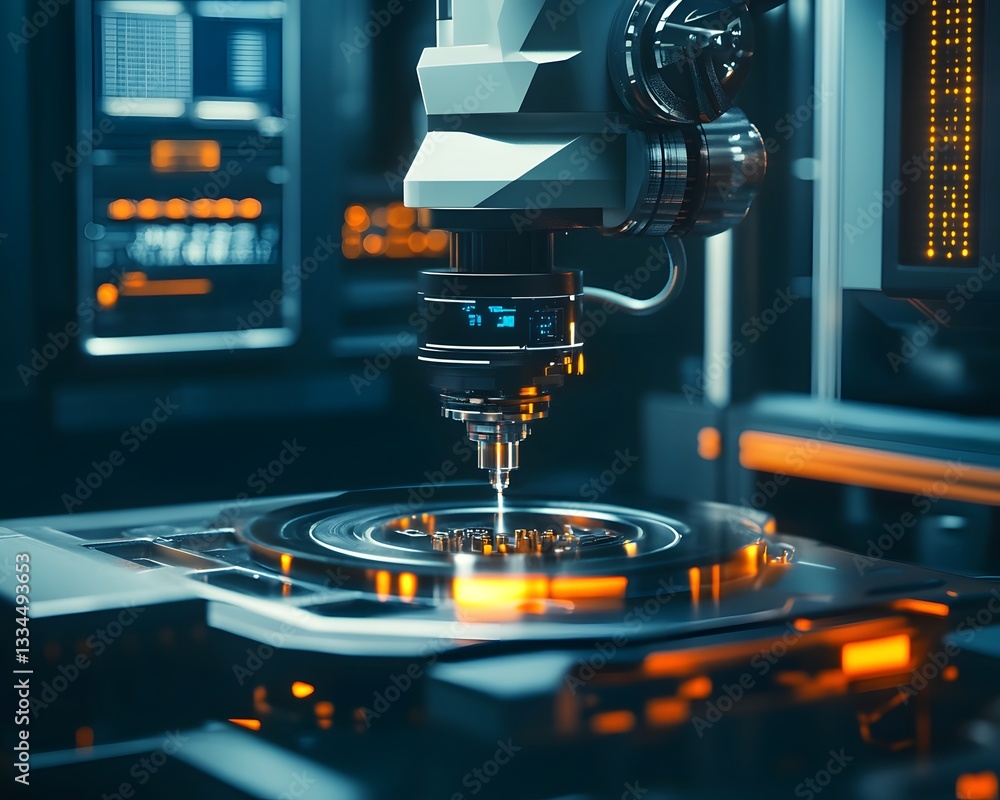 Poster a close-up view of a high-tech machine tool in an advanced manufacturing environment, showcasing pre