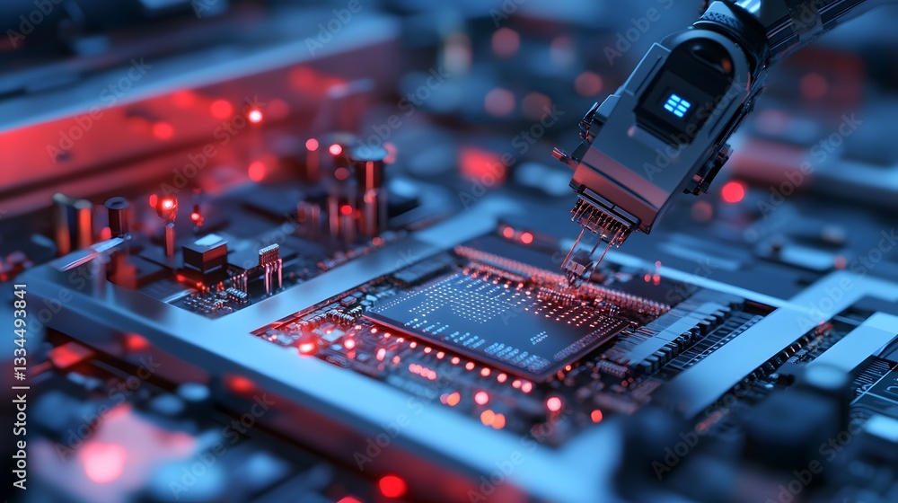 Poster a close-up view of a microchip being programmed with a robotic arm, showcasing intricate circuit pat