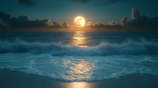 A captivating view of a moonlit beach with calm waves reflecting the moon's ethereal radiance, immersing the landscape in a calm and enchanted ambiance