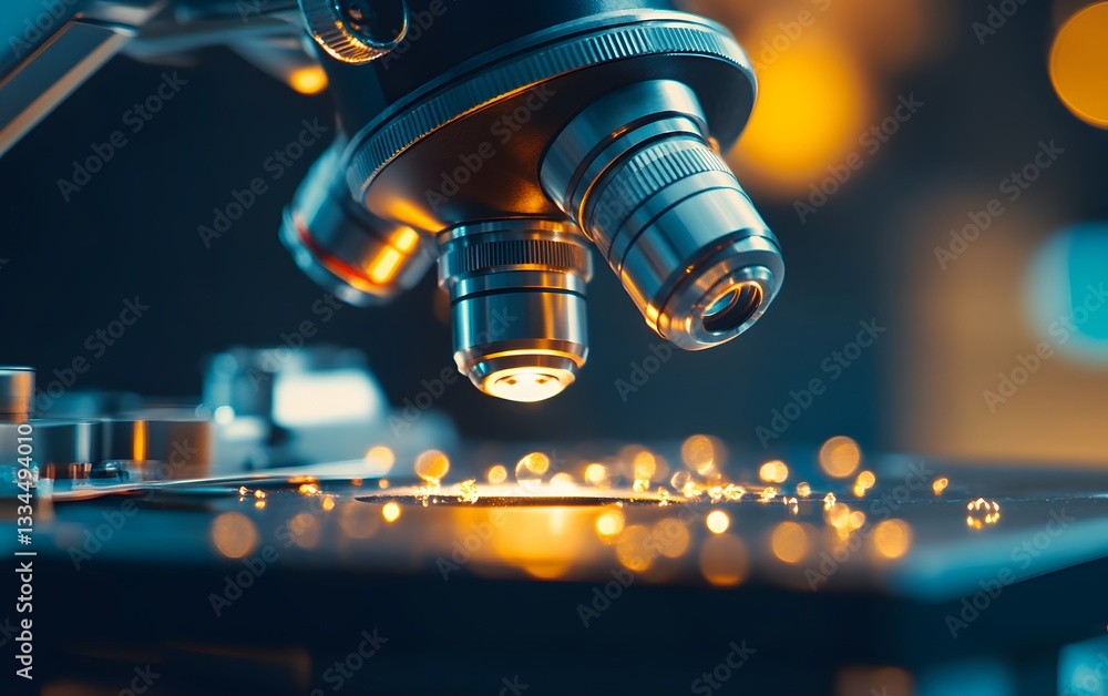 Poster a close-up view of a microscope with a focus on the lens and slide, showcasing droplets of liquid in