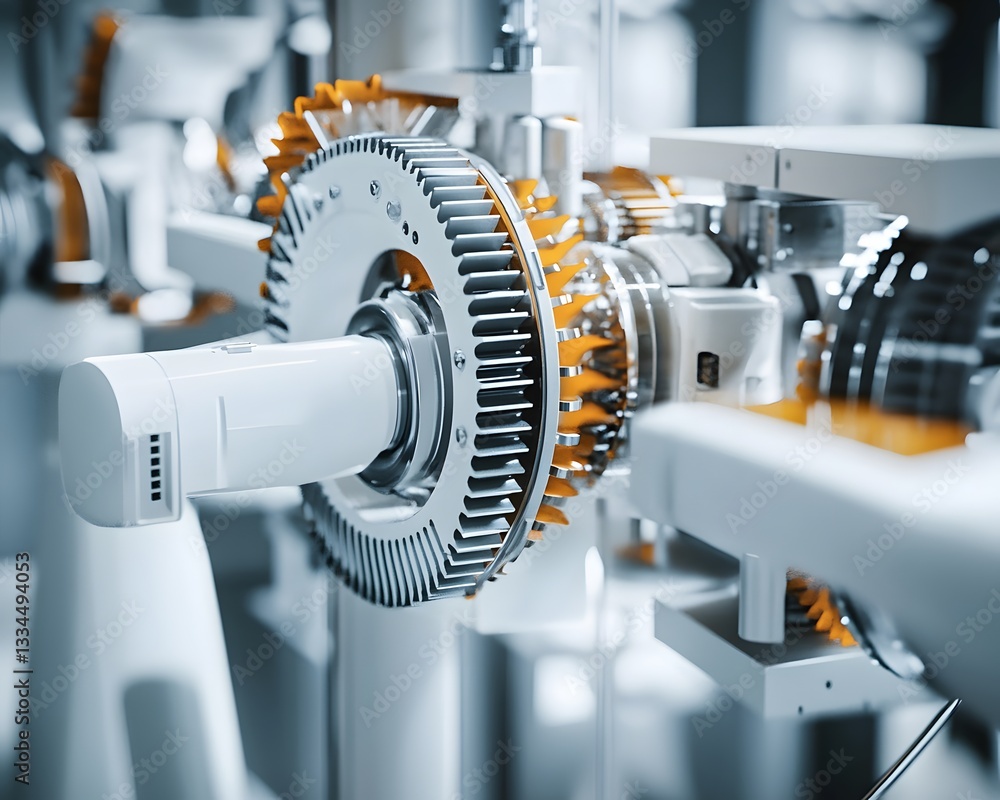 Poster a close-up view of a modern mechanical gear system showcasing intricate details and engineering prec