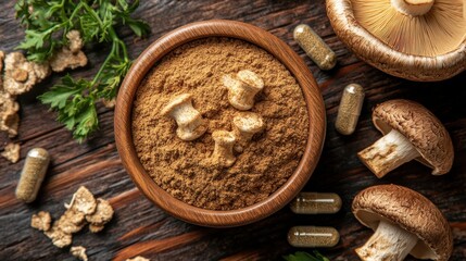 Fototapeta premium Sleek Metallic Container Showcasing Raw Nootropic Blend with Powdered Ingredients, Surrounding Fresh Mushrooms and Green Herbs in a Rustic Setting