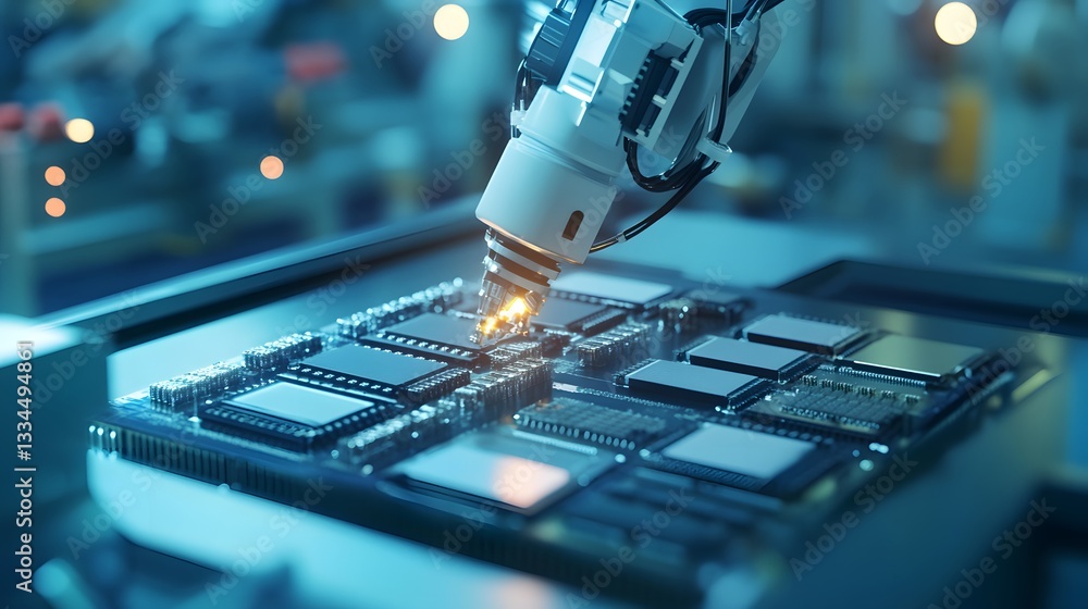 Poster a close-up view of a robotic arm assembling microchips in a modern factory. the advanced machinery s