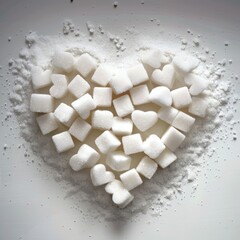 Close up top view of white sugar cubes and granulated sugar arranged in a heart shape on a clean white surface, symbolizing love and sweetness