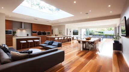 A spacious open-plan living room with distinct lounging and entertainment zones, natural light streaming through skylights, and a seamless blend of minimalist and functional design 