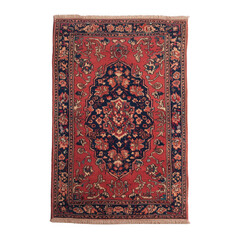 Ornate red and blue patterned area rug on a white isolated background.