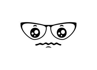 A simple cartoon drawing of a face wearing glasses showing a frown with artistic black line art.