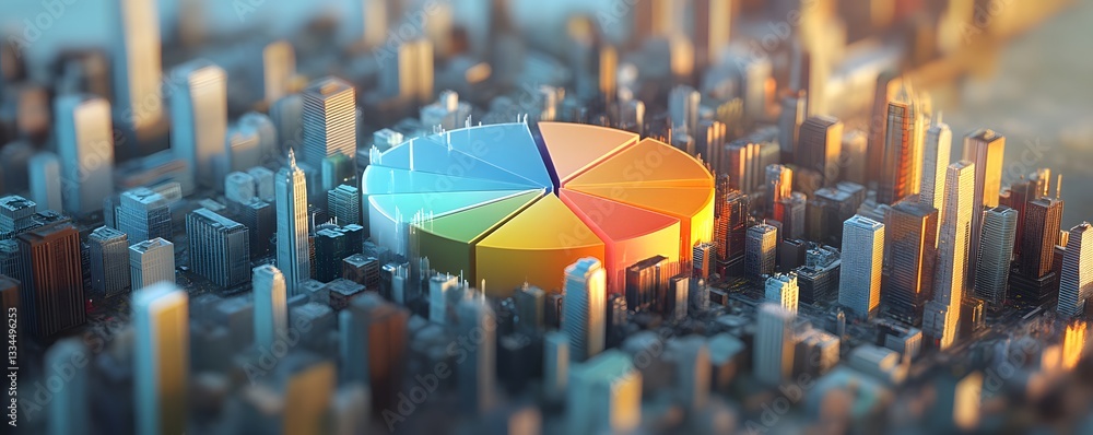 Poster a colorful pie chart over a city skyline, showcasing data visualization. ideal for presentations in 