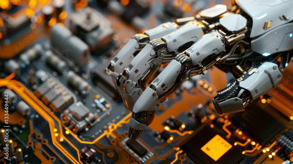 Aufkleber close-up view of a sophisticated white and gold robotic hand gently positioned above a complex circu