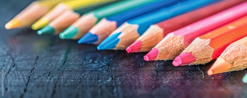 Poster close up view of a vibrant array of sharpened colored pencils arranged in a diagonal line on a dark 
