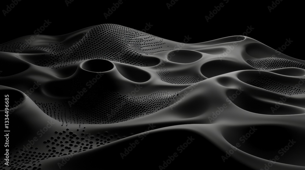 Poster a 3d rendering of a wave-like surface with a textured appearance.