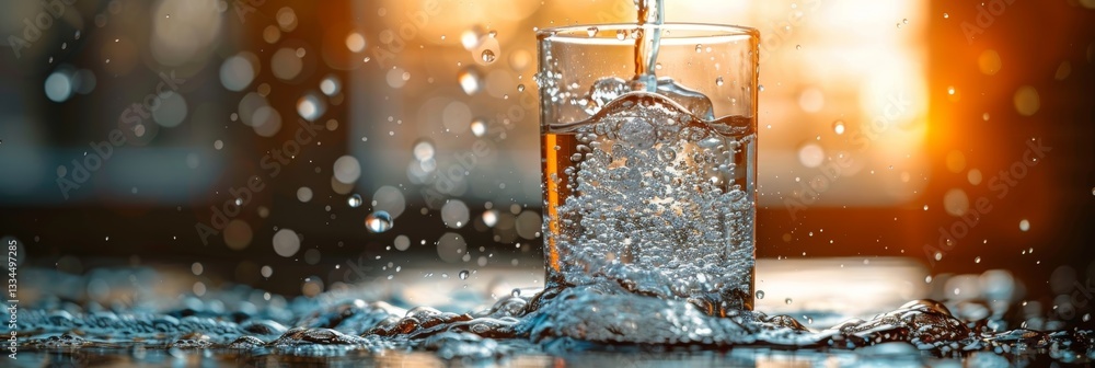 Poster close-up view of crystal clear water being dynamically poured into a transparent glass, creating ref
