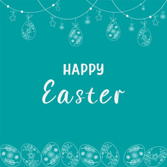 Blue backdrop features intricate white drawings of Easter eggs hanging from delicate garland perfect for celebrating spring festival. Ideal for creative projects. Eggs border frame Text Happy Easter