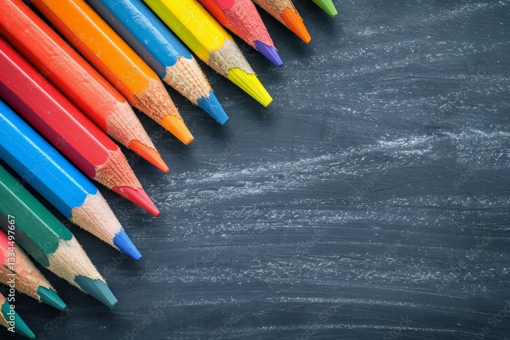 Poster close up view of bright multicolored wooden pencils arranged diagonally on dark textured background 