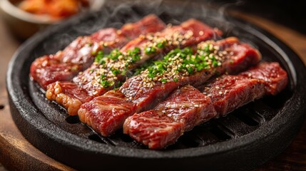 Close-up view of grilled beef slices on a black grill, adorned with sesame seeds and herbs, creating a delicious, flavorful meal