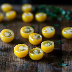 Juicy Yellow Cherry Tomatoes Halved on Wooden Board