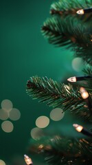 Close up view of illuminated festive string lights adorning a vibrant green Christmas tree branch creating a magical holiday atmosphere