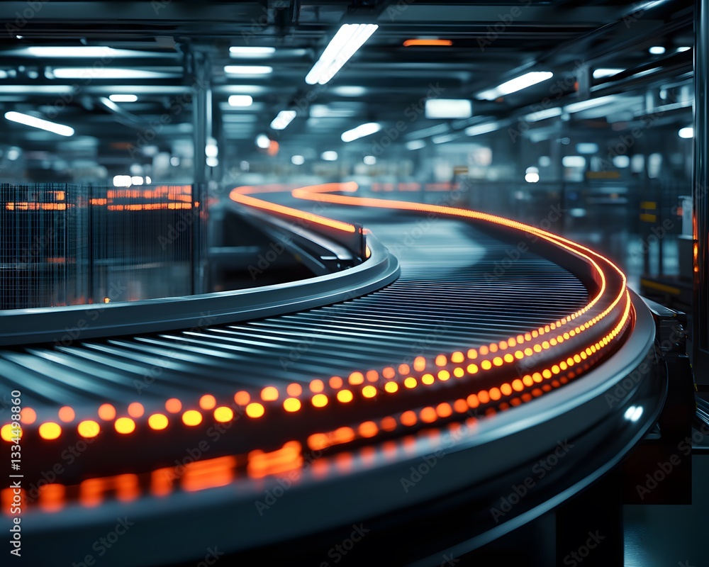 Poster a dynamic view of an automated conveyor belt system, illuminated by orange lights, displaying the ef