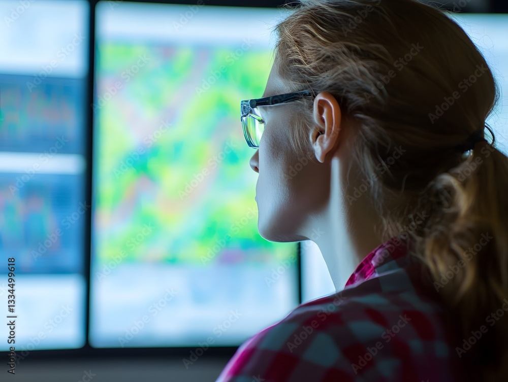 Poster a focused individual analyzing complex data on large screens, showcasing innovative technology in a 