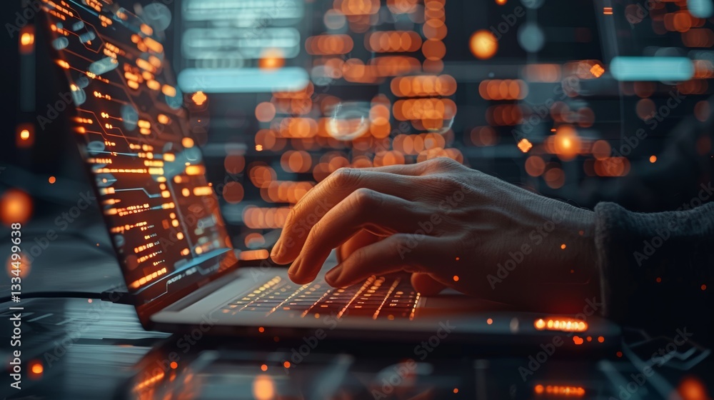 Poster closeup of a person typing on a laptop keyboard with abstract graphic data displayed on screen in da