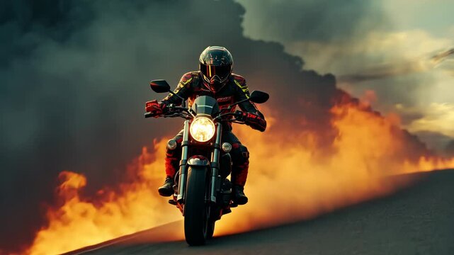 Action shot with man riding away from explosion on bike. Dynamic scene with fire in action movie blockbuster style