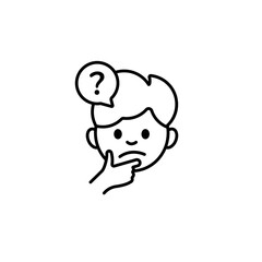 Fototapeta premium Simple line art of a thoughtful boy with a question mark highlighting a sense of curiosity and doubt.