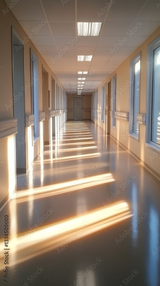 Poster warm sunlight streams through the tall windows, creating elongated shadows on the polished floor of 