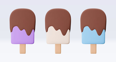 Set Ice cream with chokolate glaze, icon, 3d render. Design elements. Realistic fast food icon. Sweet food. Vector illustration isolated on white for menu, shop, flyer, banner, web, adv, sale