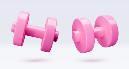 Pink Dumbbell Realistic icon, 3d render. Isolated on white backround. Sport And Fitness design set. Vector illustration for shop, flyer, banner, web, advertising, sale