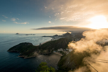 Famous View of Rio de Janeiro Coast from the Sugarloaf Mountain Under Clouds on Sunset