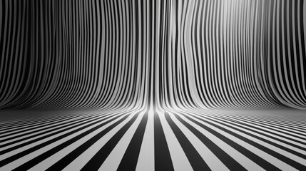 A 3D rendering of a room with a black and white striped floor.