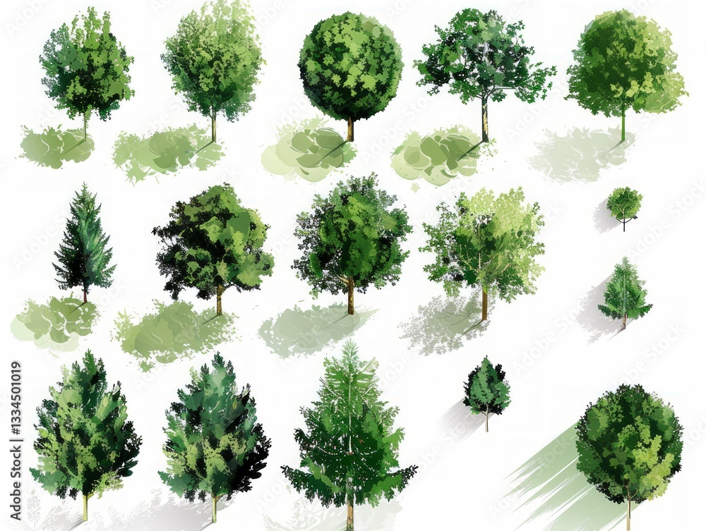Poster collection of varied verdant trees and shrubs with light green shadows presenting isolated against a