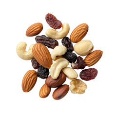 A mix of assorted nuts and dried fruits on a white isolate background.