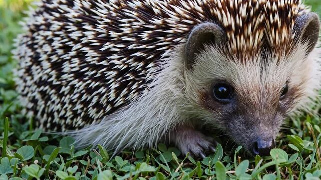 Tiny hedgehog wandering through verdant lawn, cautiously sniffing surroundings and surveying grassy landscape with inquisitive demeanor