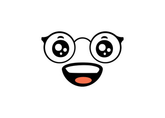 Happy cartoon face with big eyes and glasses displaying a cheerful and joyful expression.