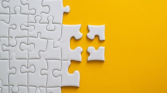Flat lay of an incomplete white jigsaw puzzle on a bold yellow background, highlighting the missing piece. 