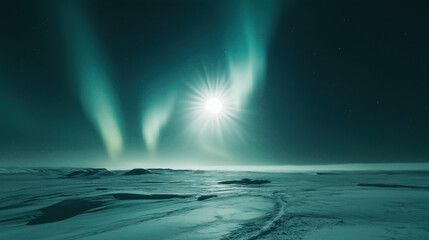 Naklejka premium Celestial darkness engulfs the North Pole with faint auroras, a rare cosmic spectacle