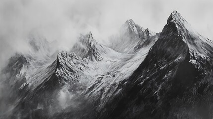 Charcoal drawing of dramatic mountain range stark contrast realistic texture sense of awe grandeur