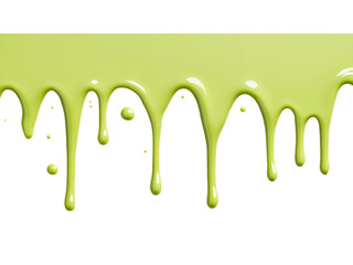 This image presents a design of lime green paint dripping against a backdrop of vertical color stripes.